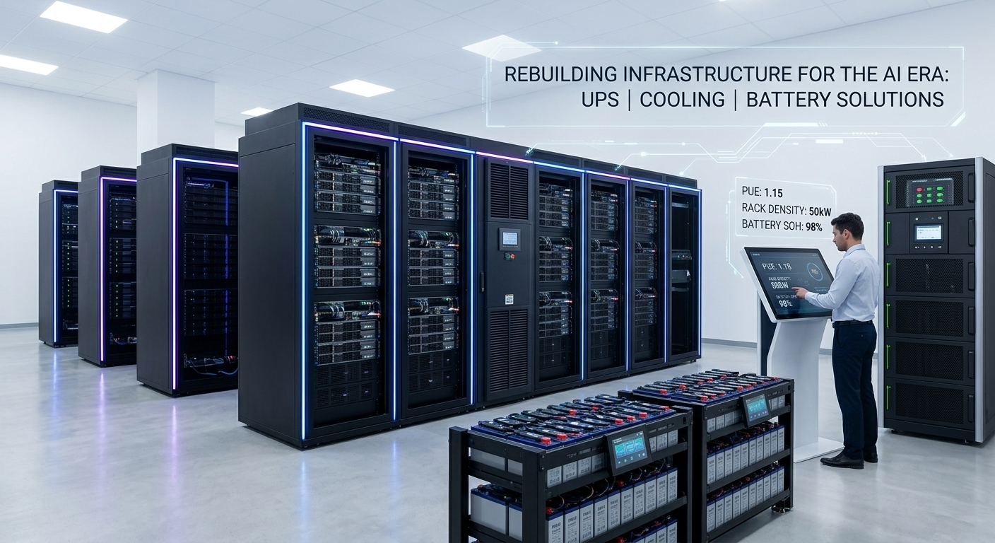 Next-generation data center infrastructure solution featuring modular UPS and cooling units.